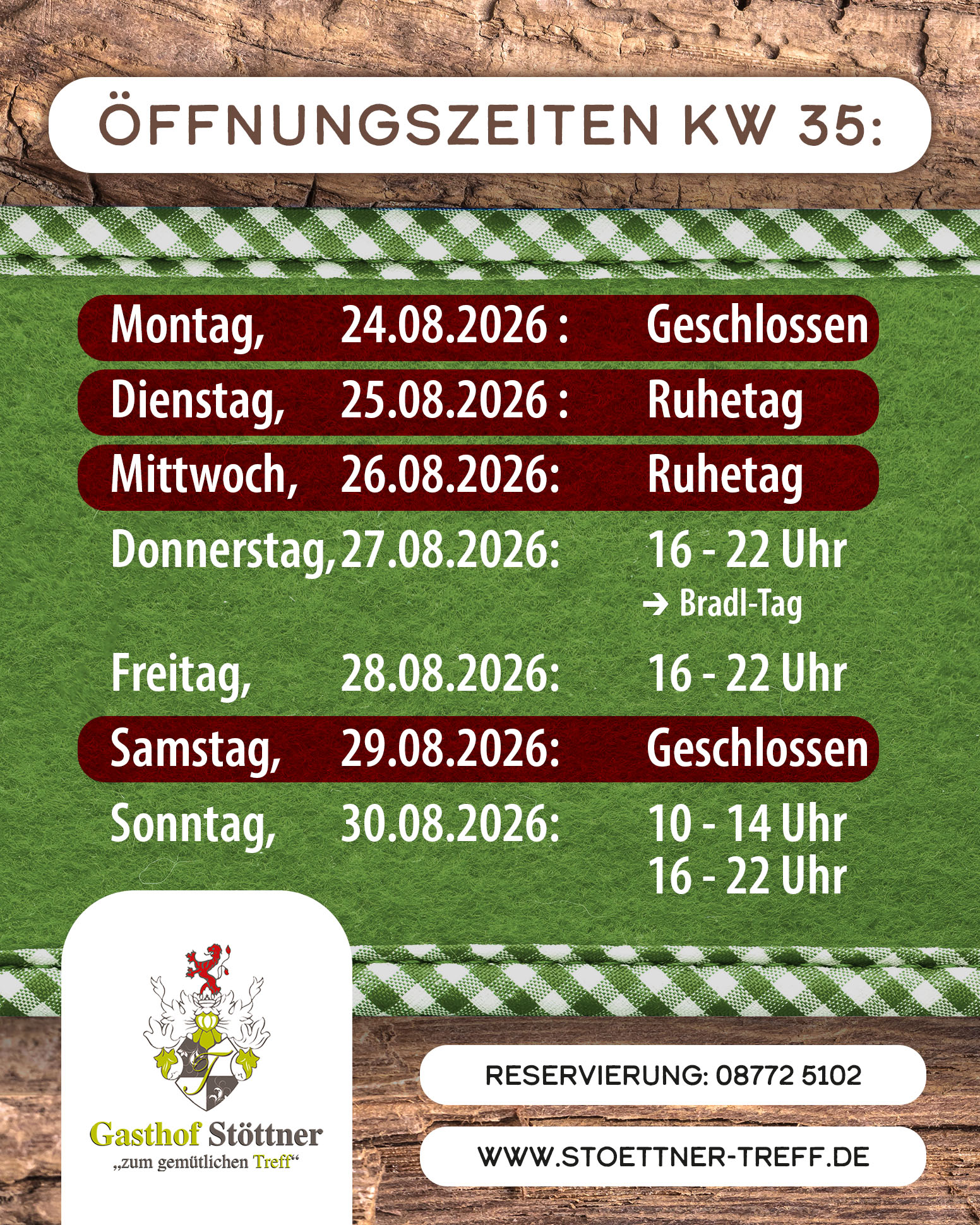 Öffnungszeiten KW35 2026