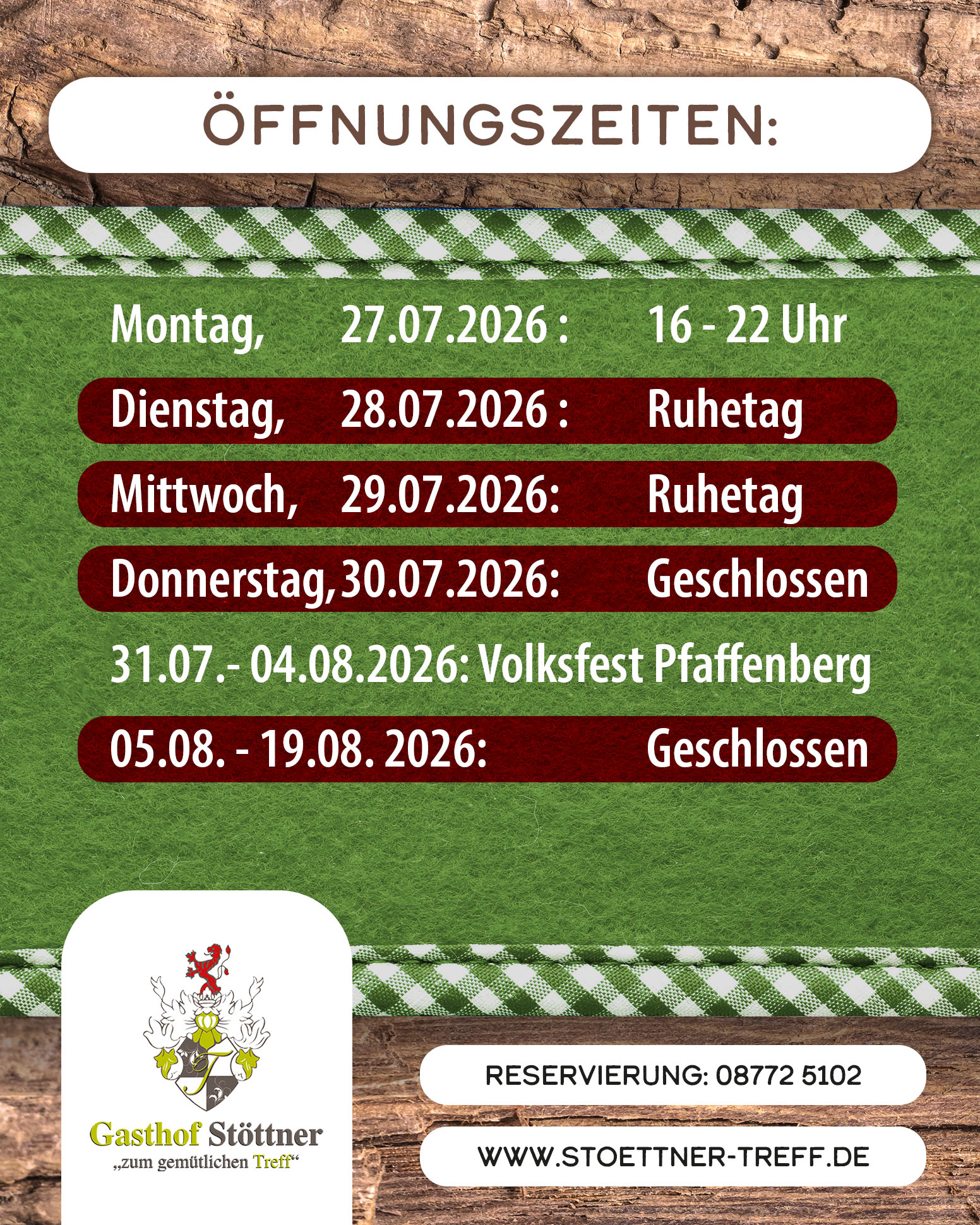 Öffnungszeiten ab KW31